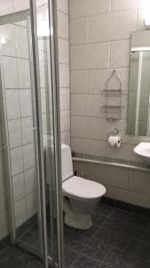 ein Badezimmer mit einem WC, einem Waschbecken und einem Spiegel in der Unterkunft Voss Lodge Rongastovo in Vossevangen
