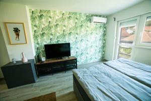 um quarto com uma cama e uma televisão de ecrã plano em Kégli_Fonyód em Fonyód