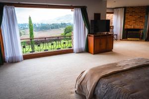 een slaapkamer met een bed, een televisie en een balkon bij Villa Los Lagos in Bogota