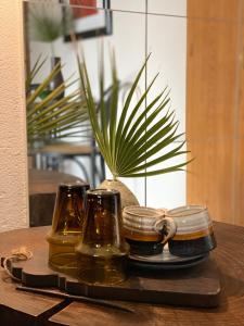 een dienblad met twee potten en een potplant op een tafel bij Villa Lantana in Vir