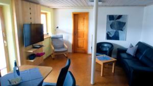 a living room with a couch and a tv at BIO Appartement Resort in Bodenmais