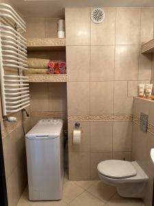 La petite salle de bains est pourvue de toilettes et d'un lavabo. dans l'établissement Apartament Poręba, à Lublin