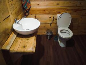 a wooden bathroom with a sink and a toilet at Szczerbanówka na Maniowie in Maniów