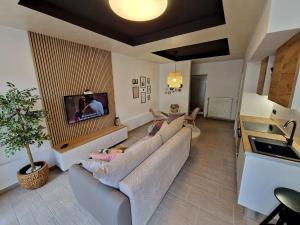 a living room with a couch and a tv at Apartment Center Rogaška - Pubyland in Rogaška Slatina