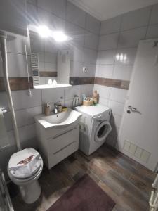 a bathroom with a toilet sink and a washing machine at NO NAME in Koprivnica