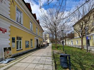 een straat in een stad met een geel gebouw bij Apartment Center Rogaška - Pubyland in Rogaška Slatina