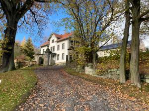 a large white house with a stone wall and trees at Haus Charlotte in Papstdorf