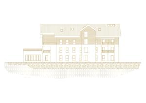 un’illustrazione dell’edificio proposto per l’università del Sussex di Salzkammergut Lodge a Ebensee