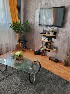 a living room with a glass table and a tv at Casa/camere Maria in Corbu