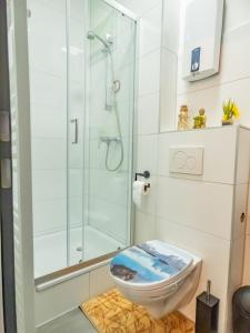 a bathroom with a toilet and a glass shower at #221 Moderne City Wohnung im Herzen von Neuss in Neuss