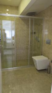 een badkamer met een douche, een toilet en een wastafel bij Zeugma Hotel Sultanahmet in Istanbul