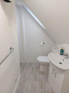 a white bathroom with a sink and a toilet at Black Cat Cottage in Moffat