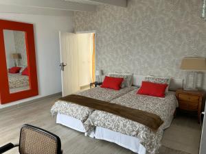 a bedroom with a large bed with two red pillows at Casa La Oliva in Garachico