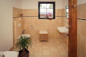 La salle de bains est pourvue d'une baignoire, d'un lavabo et de toilettes. dans l'établissement Zur alten Schule, à Burg