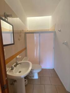La salle de bains est pourvue d'un lavabo, de toilettes et d'une douche. dans l'établissement Casa en la naturaleza, Colima, à Cuauhtémoc