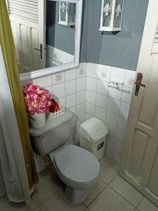 baño con aseo, espejo y flores en Acogedor independiente-Casa JH B en Santa Cruz de la Sierra