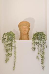 un jarrón y dos plantas en una pared blanca en Camere D'artista, en Enna