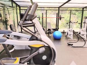 een fitnessruimte met een loopband en een blauwe bal bij Mas l aigo claro in Mouriès
