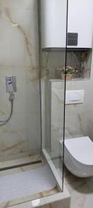 een badkamer met een toilet en een glazen douche bij Apartman Milion Banja Koviljača in Banja Koviljača
