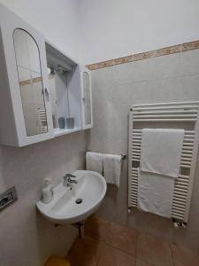 un bagno con lavandino, specchio e asciugamani di Grazioso Monolocale Bellagio a Bellagio