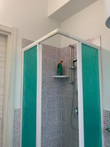 y baño con ducha y puerta de cristal verde. en Casa Mare Calle en Casa Borgorosso