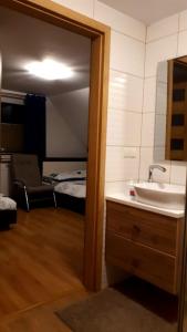 a bathroom with a sink and a room with a bed at Noclegi u Klintona in Podwilk