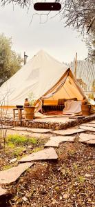 a tent with potted plants in a yard at La Ferme des Tipis Marrakech in Marrakech