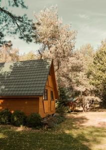 サシノにあるAgroturystyka "Trzy Dęby" w Sasinieの黒屋根の小さな木造家屋