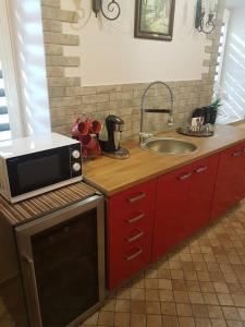 a kitchen with a microwave and a sink at Apartamentai, su nemokama vieta automobiliui in Saugos