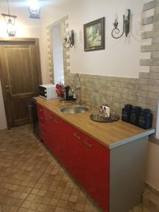 a kitchen with a sink and a counter top at Apartamentai, su nemokama vieta automobiliui in Saugos