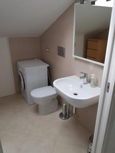 een badkamer met een toilet, een wastafel en een spiegel bij La Mansarda di Corso Umberto in Pescara