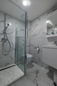a bathroom with a glass shower and a toilet at Villa Bauhaus Wellness Apartman in Siófok