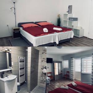 two pictures of a bedroom with a bed and a bathroom at Sátor-Hegy Vendégház in Abaújszántó