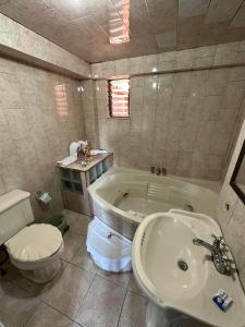 a bathroom with a tub and a toilet and a sink at Hotel Villa Del Rey in Zaragoza
