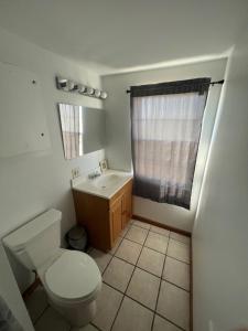 uma casa de banho com um WC e um lavatório em Pebbles Suite above Bedrock Tavern em Sandusky