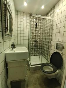 a bathroom with a shower and a toilet and a sink at Apartament przy Zamku Krzyżackim in Malbork