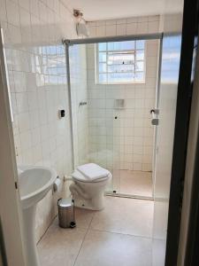 a bathroom with a shower and a toilet and a sink at ALVORADA PALACE HOTEL in Bauru