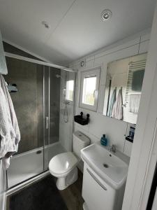 La salle de bains est pourvue de toilettes, d'une douche et d'un lavabo. dans l'établissement Polderhuisje 2 - Heerlijk chalet met overkapt terras en 2 slaapkamers - max 4 pers - 3 km van Noordzee - locatie op camping 2, à Rockanje