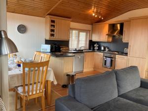 cocina y sala de estar con sofá y mesa en Beautiful 3-bed Coastal Lodge, en West Down