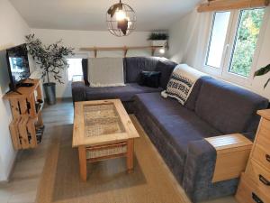 ein Wohnzimmer mit einem blauen Sofa und einem Tisch in der Unterkunft Apartament Mały Monciak in Sopot