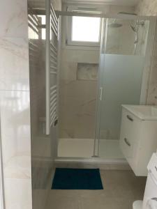 La salle de bains est pourvue d'une douche avec une porte en verre. dans l'établissement Un T3 chaleureux à proximité du Dôme et du métro, à Marseille