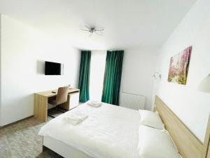 a bedroom with a bed and a desk and a television at Pensiunea NOVO in Baile Felix