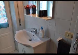 un baño con lavabo y una botella de jabón. en Flat in Olbia Centro, en Olbia