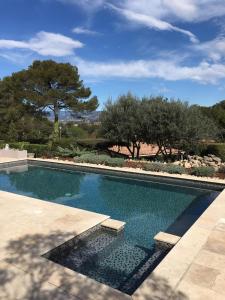 uma piscina num quintal com árvores em Maison avec piscine, oliviers, belle vue, au calme em Trans-en-Provence