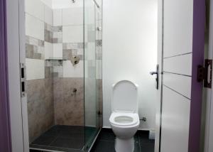 a bathroom with a toilet and a glass shower at Cozy Two-BR Apartment in Tatu City in Nairobi +9 photos