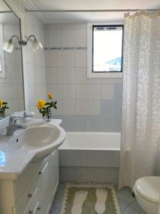 a bathroom with a sink and a toilet and a shower at Country house Nafpaktos in Nafpaktos