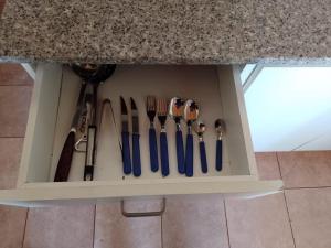 a drawer filled with utensils sitting under a counter at Departamentos Haiti in Bahía Blanca
