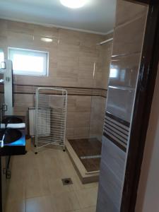 ein Bad mit einer Dusche und einer Glastür in der Unterkunft Szilvia Panzió Gyomaendrőd in Gyomaendrőd