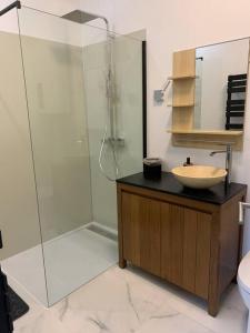 bagno con doccia in vetro e lavandino di Gîte La Grange Maison entière a Blicourt