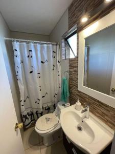 uma casa de banho com um WC, um lavatório e uma cortina de chuveiro em Hermosa Casa Reñaca con Vista al Mar em Viña del Mar
